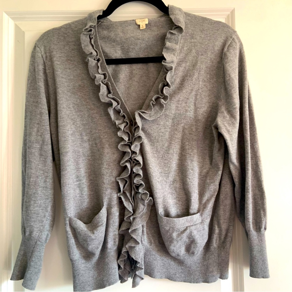 J.Crew Gray Ruffle Cardigan size Large